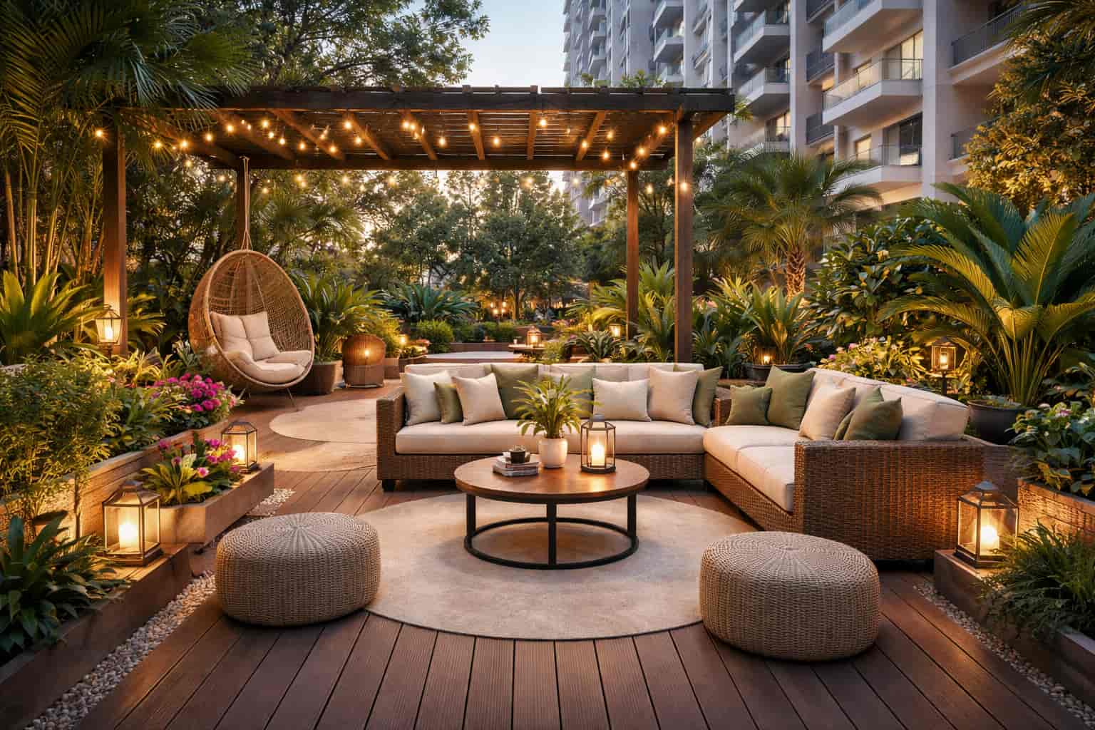 Landscaped sit-out and community space at Snehal Exotica in Ahmedabad
