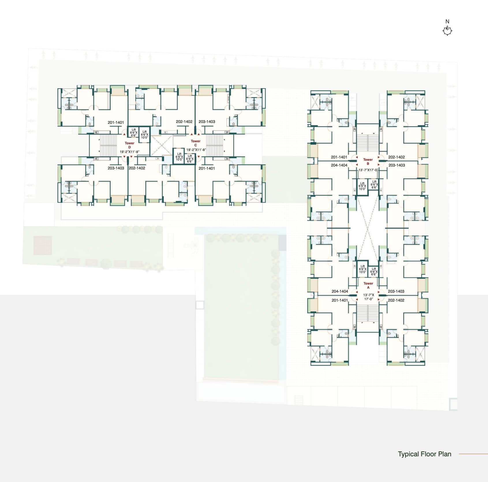 Typical floor plan layout of Snehal Exotica 3BHK apartments in Ahmedabad